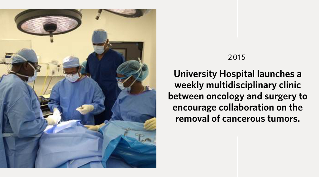University Hospital launches a weekly multidisciplinary clinic between oncology and surgery to encourage collaboration on the removal of cancerous tumors. 