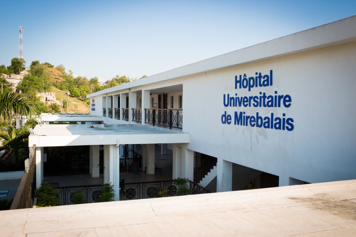 the front entrance to University Hospital in Mirebalais, Haiti