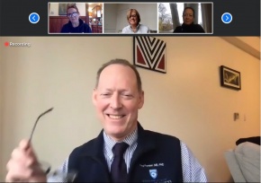 Screenshot of Paul Farmer on a video call with three contact tracers