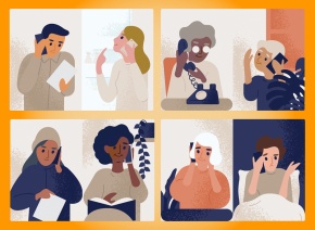 Illustration of 8 people on the phone to represent contact tracers calling COVID-19 contacts