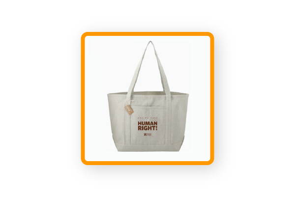 The famous PIH tote that reminds everyone who sees it that “Health Care is a Human Right.”