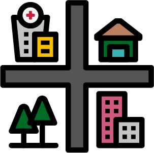 An intersection with healthcare building, parks, homes, and business clipart. 