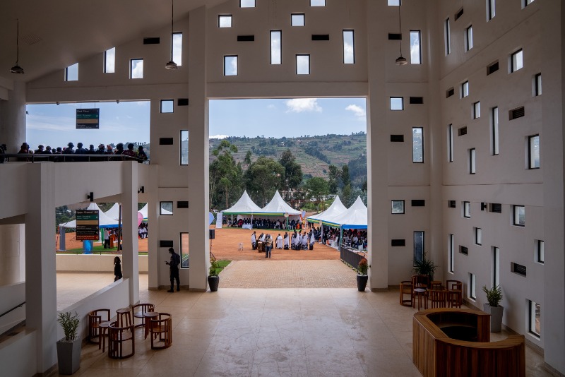 A view of the ribbon cutting ceremony from inside the newly-expanded Butaro Hospital