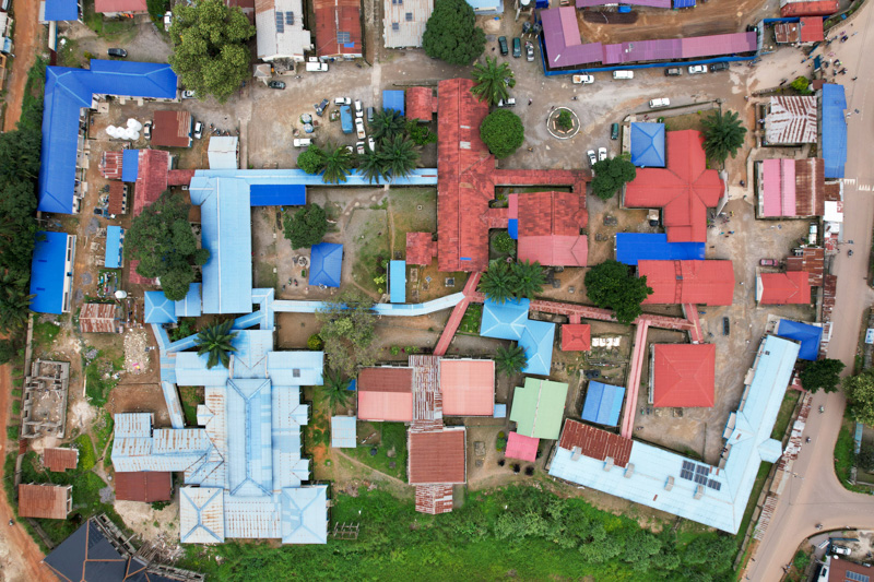An aerial view of campus of Partners In Health supported Koidu Government Hospital in Kono district, Sierra Leone