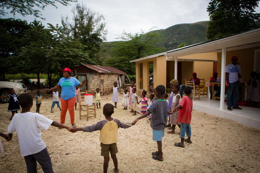 community education on proper handwashing outside Mirebalais, Haiti