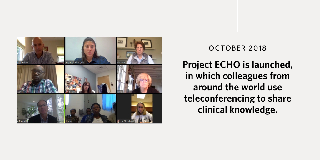Project ECHO is launched, in which colleagues from around the world use teleconferencing to share clinical knowledge.