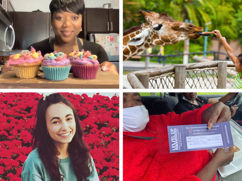 here are myriad efforts underway to help people get vaccinated: A doctor answers vaccine questions during Dominique Lyric's cupcake baking class in Chicago (top left); The Pima County, Arizona, Health Department held a vaccination clinic at the zoo (top right); the winner of Pima County's TruthVaxChallenge contest, Amelia Jimenez (bottom left); a "reserved" ticket for a second vaccination in Montgomery, Alabama.