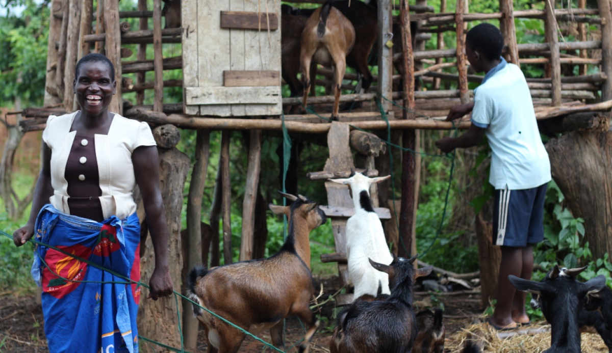 Dalitso Mkango and her youngest son, Yohane, tend their goats in Neno, Malawi