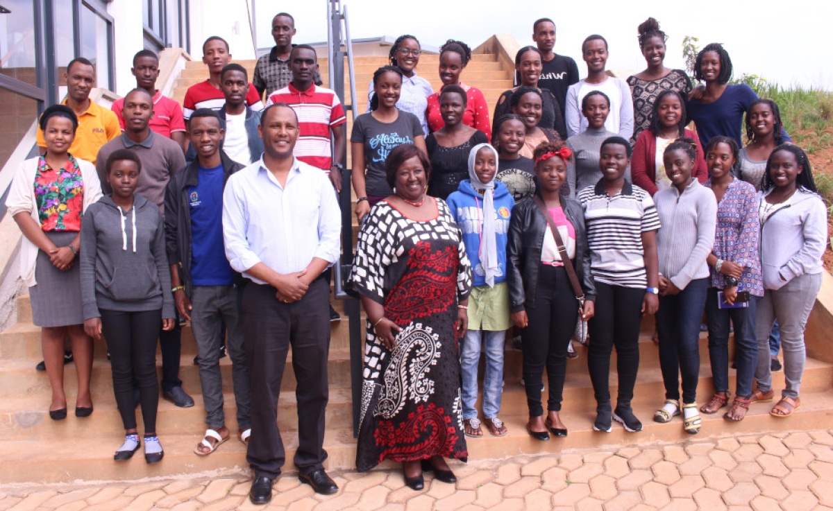 Dean Abebe Bekele, front center, with Dr. Agnes Binagwaho and the 30 medical students at UGHE in Rwanda