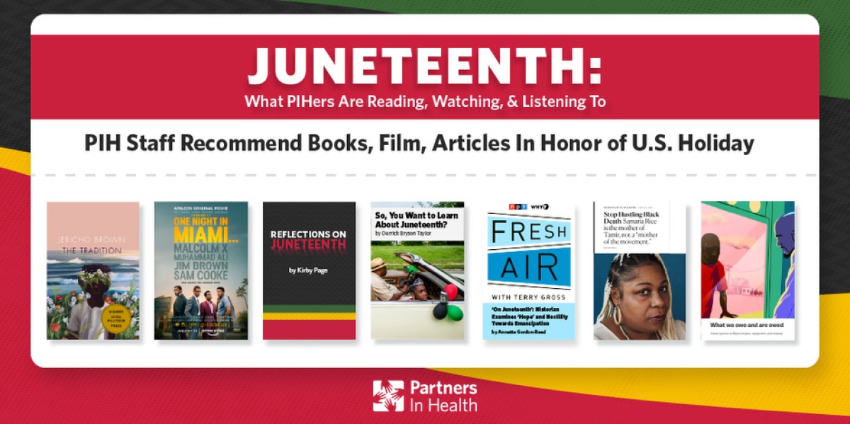 Red, black and yellow graphic displaying books and articles to read in honor of Juneteenth