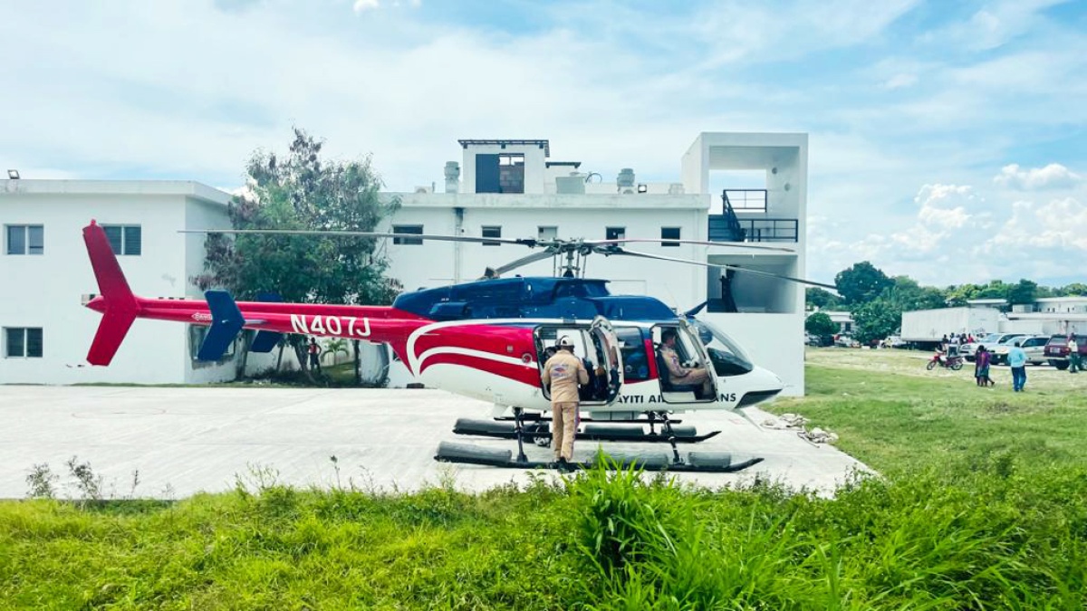 Air ambulance on the landing pad at University Hospital in Mirebalais, Haiti 