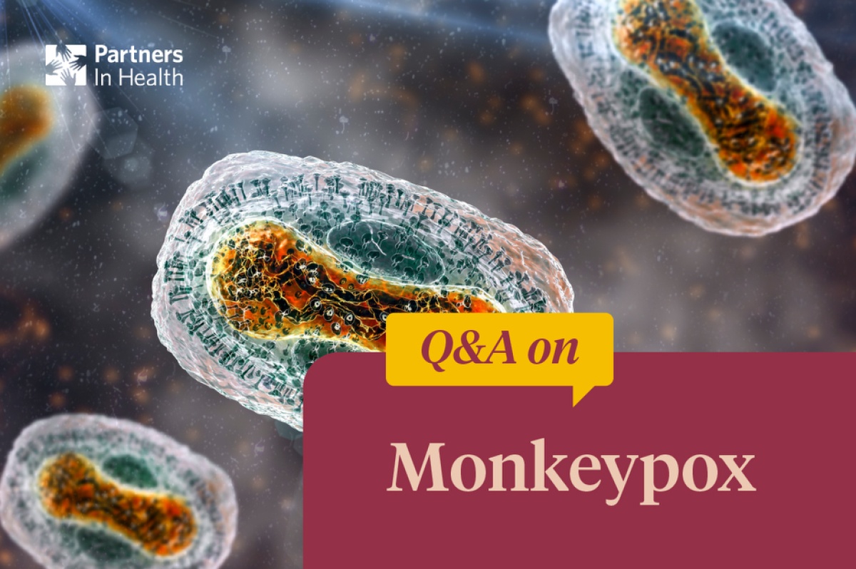 Graphic with text that reads Q&A on Monkeypox with picture of molecules behind it