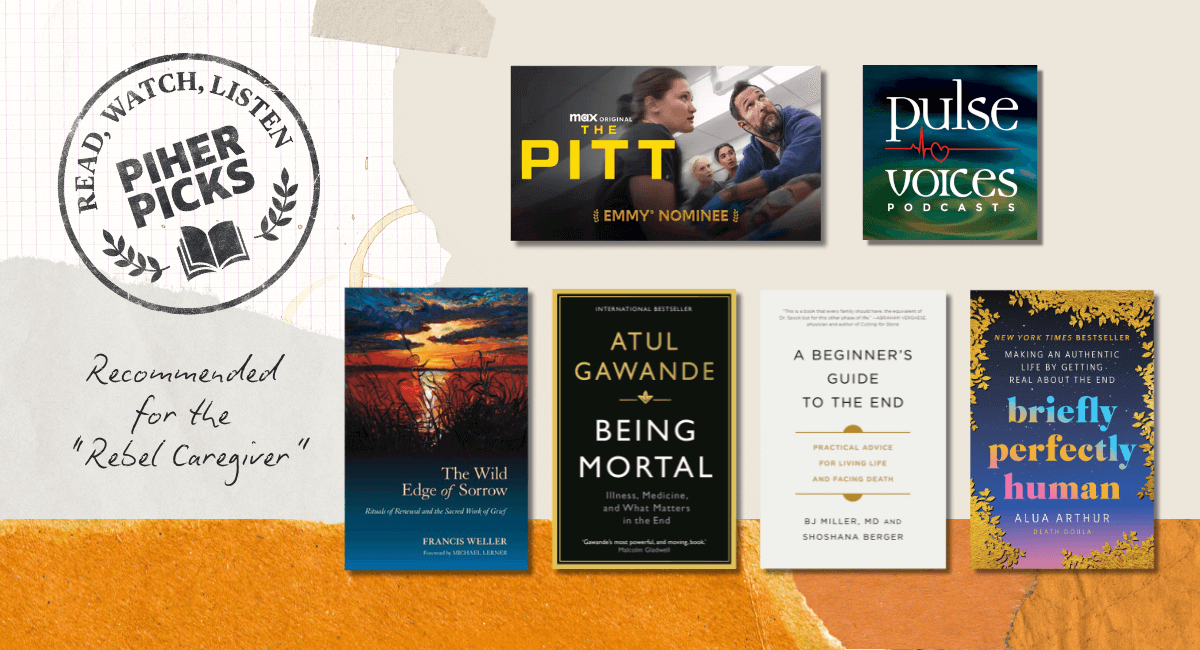 Graphic with the covers of different book, show, and podcast recommendations with a seal that says, "PIHER PICKS."