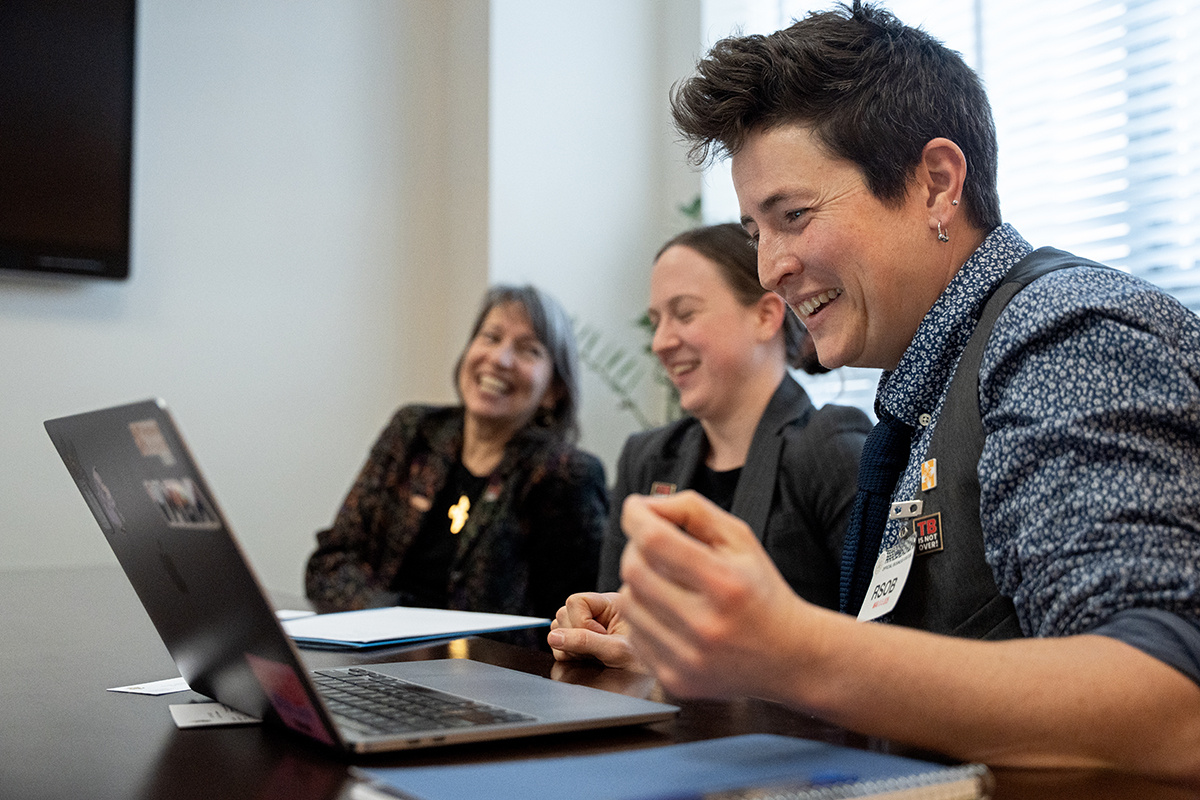 Joia Mukherjee (left), PIH senior clinical and academic advisor, Chloe Dahleen (middle), PIH economic justice specialist, and Fynn Crooks (right), PIH advocacy senior community organizer, meet with congressional staffers. 