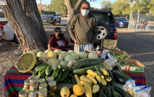 farmer stands behind table with produce at farmers market