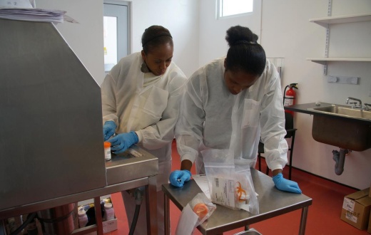 Lab technicians Myrlene Mompremier and Chantale Bellevue work in the pathology lab in the Mirebalais Reference Laboratory
