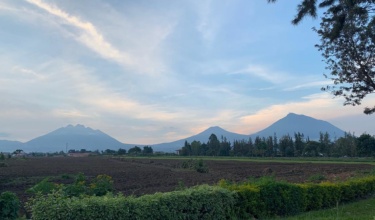 Volcanoes in the Virunga Mountains at dusk in Musanze, Rwanda