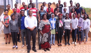 Dean Abebe Bekele, front center, with Dr. Agnes Binagwaho and the 30 medical students at UGHE in Rwanda