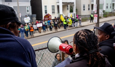 Activists and tenants protest evictions in Boston's Dorchester neighborhood before the COVID-19 pandemic.