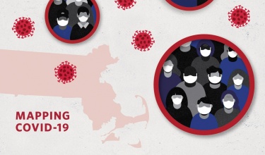 Graphic illustration showing the state of Massachusetts and bubbles with people wearing masks inside. Text reads "mapping COVID-19."