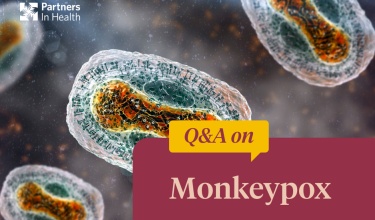 Graphic with text that reads Q&A on Monkeypox with picture of molecules behind it