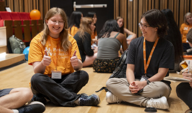 Engagers Lynn Robinson, left, and Emma Charles participate in a breakout group session during the 2025 training institute. 